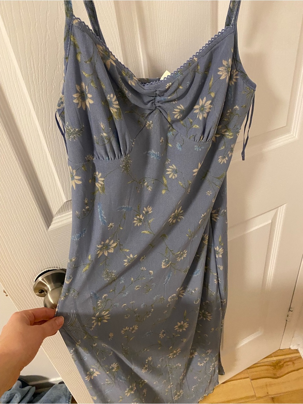 Dusty Blue Floral Midi Slip Dress with Spaghetti Straps - Picture 2 of 3